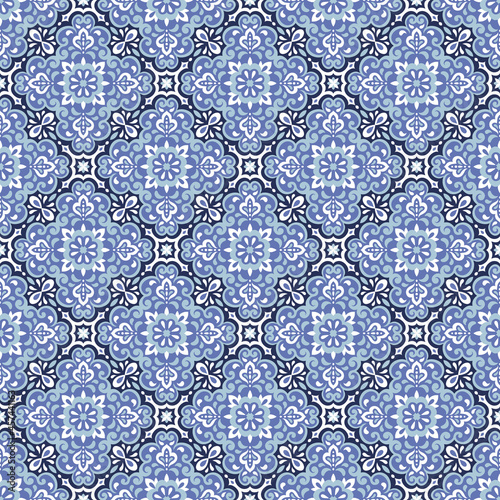 Azulejos ceramic tile design. Talavera tracery motif. Unique creative endless fill swatch. Portuguese, Spanish, Mexican, Brazilian folklore ornament. Ethnic style vector hand drawn seamless pattern.