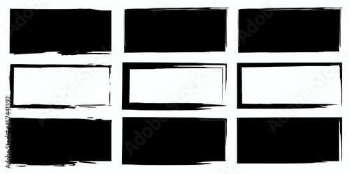Empty and filled ink rectangle icon. Black paint brush geometric figure. Stamp texture. Vector illustration. Stock image.