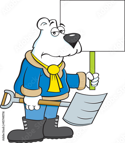 Cartoon illustration of a polar bear holding a snow shovel and a sign.