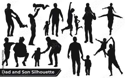 Collection of Father and son or dad and baby Silhouettes in different poses set