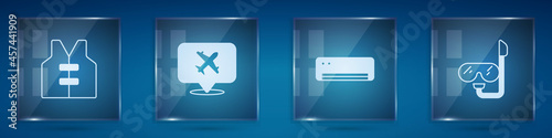 Set Life jacket, Speech bubble with airplane, Air conditioner and Diving mask and snorkel. Square glass panels. Vector