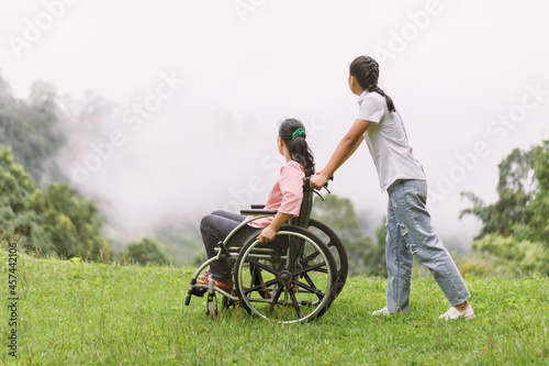 Disabled handicapped woman in wheelchair and care helper walking on mountain meadow park in sunny day. International Disability Day concept.