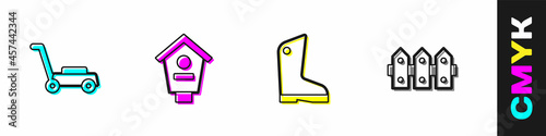Set Lawn mower, Bird house, Rubber gloves and Garden fence wooden icon. Vector