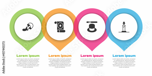 Set Psilocybin mushroom, Magic scroll, hat and wand and Burning candle candlestick. Business infographic template. Vector