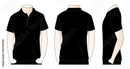 Blank black short sleeve polo shirt template on white background. Front, back, and side views, vector file.