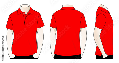 Blank red short sleeve polo shirt template on white background. Front, back, and side views, vector file.
