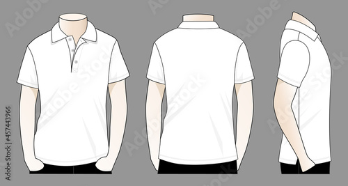 Blank white short sleeve polo shirt template on gray background.Front, back and side view, vector file