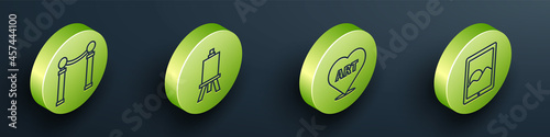 Set Isometric Exhibition of paintings, Easel or painting art boards, Heart with text art and Graphic tablet icon. Vector