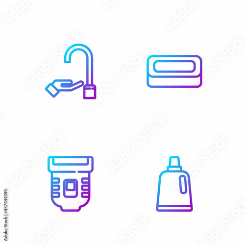 Set line Bottle for cleaning agent, Epilator, Washing hands with soap and Bar of. Gradient color icons. Vector