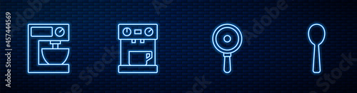 Set line Frying pan, Electric mixer, Coffee machine and Spoon. Glowing neon icon on brick wall. Vector