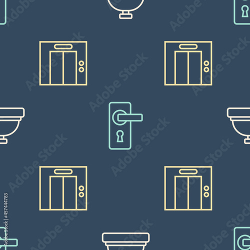 Set line Hotel service bell, Lift and Door handle on seamless pattern. Vector
