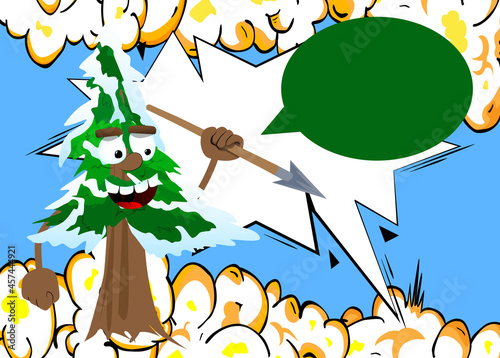 Fototapeta Naklejka Na Ścianę i Meble -  Cartoon winter pine trees with faces holding spear in his hand. Cute forest trees. Snow on pine cartoon character, funny holiday vector illustration.