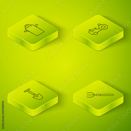 Set Isometric line Tractor, Shovel, Garden pitchfork and Can container milk icon. Vector