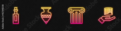 Set line Ancient column, Bottle of olive oil, amphorae and . Glowing neon icon. Vector