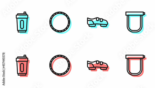Set line Bicycle shoes, Sport bottle with water, wheel and lock icon. Vector