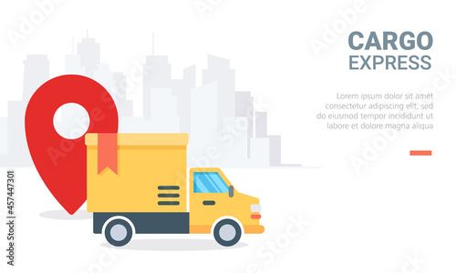 Flat vector illustration of cargo truck locator tracking. Perfect for design element of delivery service, cargo transportation, and shipping company webpage. © nendrawahyu