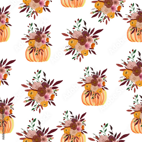Seamless pattern with pumpkins and flower arrangements. The composition for the design of the fabric. An illustration for a holiday  a party and invitations. Decoration for the interior. Autumn