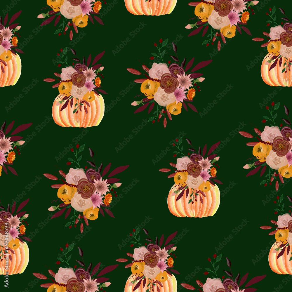 Obraz premium Seamless pattern with pumpkins and flower arrangements. The composition for the design of the fabric. An illustration for a holiday, a party and invitations. Decoration for the interior. Autumn