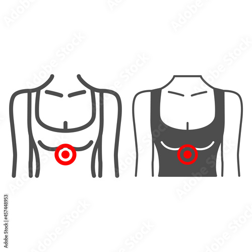 Pain in the solar plexus line and solid icon, body pain concept, celiac plexus hurts vector sign on white background, outline style icon for mobile concept and web design. Vector graphics.