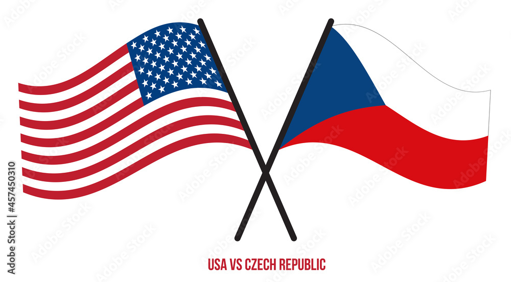 USA and Czech Republic Flags Crossed And Waving Flat Style. Official Proportion. Correct Colors.