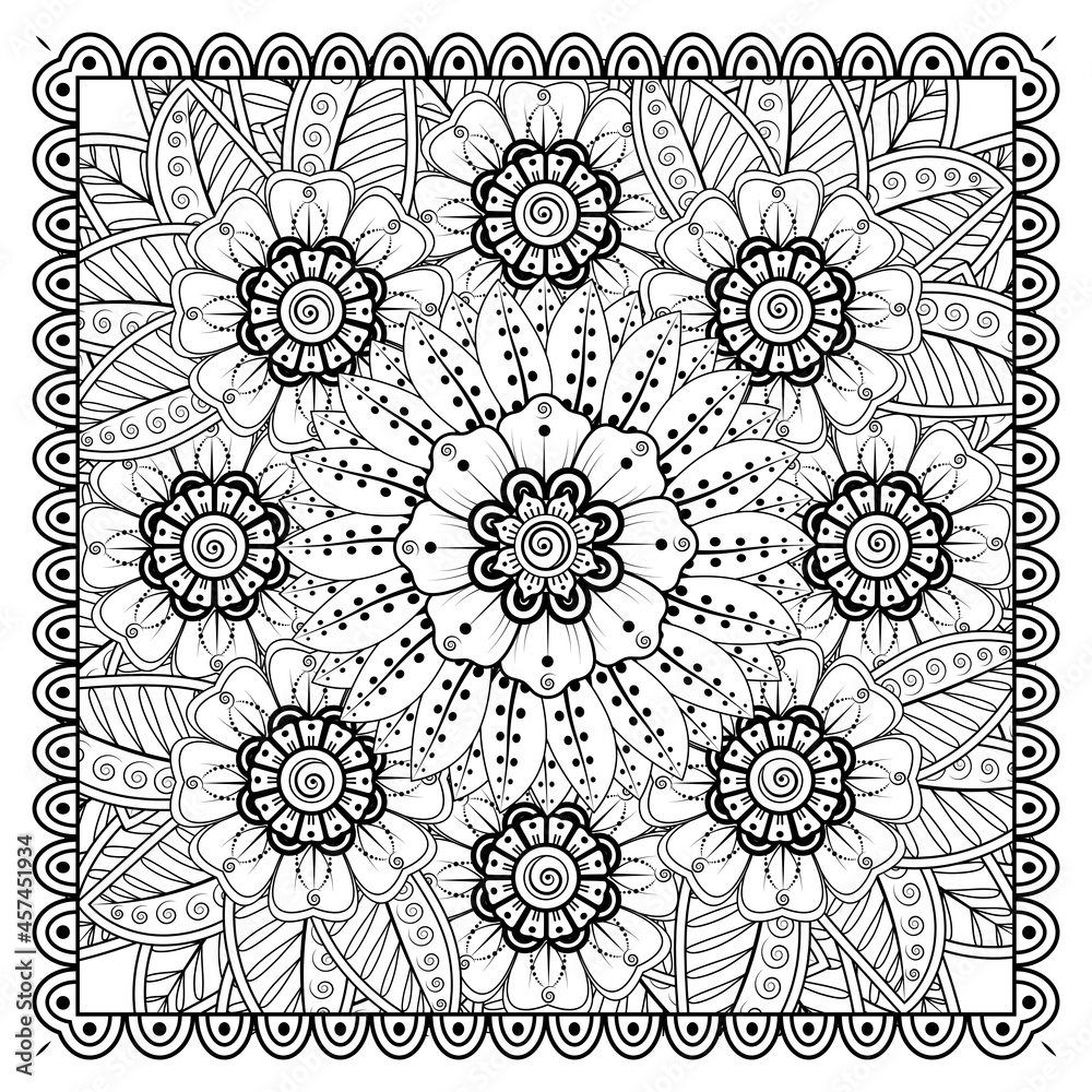 Outline square flower pattern in mehndi style for coloring book page