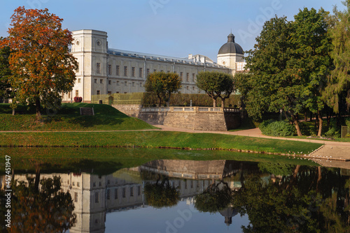 View of the palace and park ensemble of Gatchina Park: Karpin Pond, Gatchina Palace, private palace garden on a sunny autumn day, Gatchina, St. Petersburg, Russia