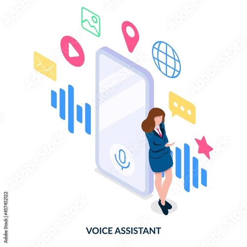 Digital voice assistant concept. Voice commands for smartphone control. Isometric illustration on white background