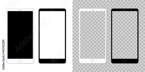 白と黒のスマートフォン、スマホ画面フレーム枠のベクターイラスト素材