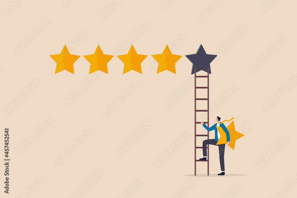 5 stars rating review high quality and good business reputation, customer feedback or credit score, evaluation rank concept, businessman holding 5th star climb up ladder to put on best rating. - obrazy, fototapety, plakaty 