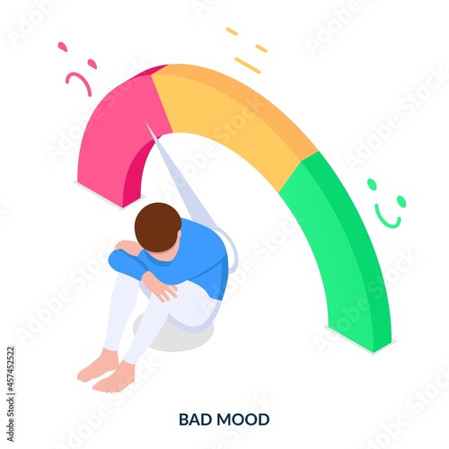 Bad mood concept. Sad man sitting in front of the mood meter. Isometric illustration on white background
