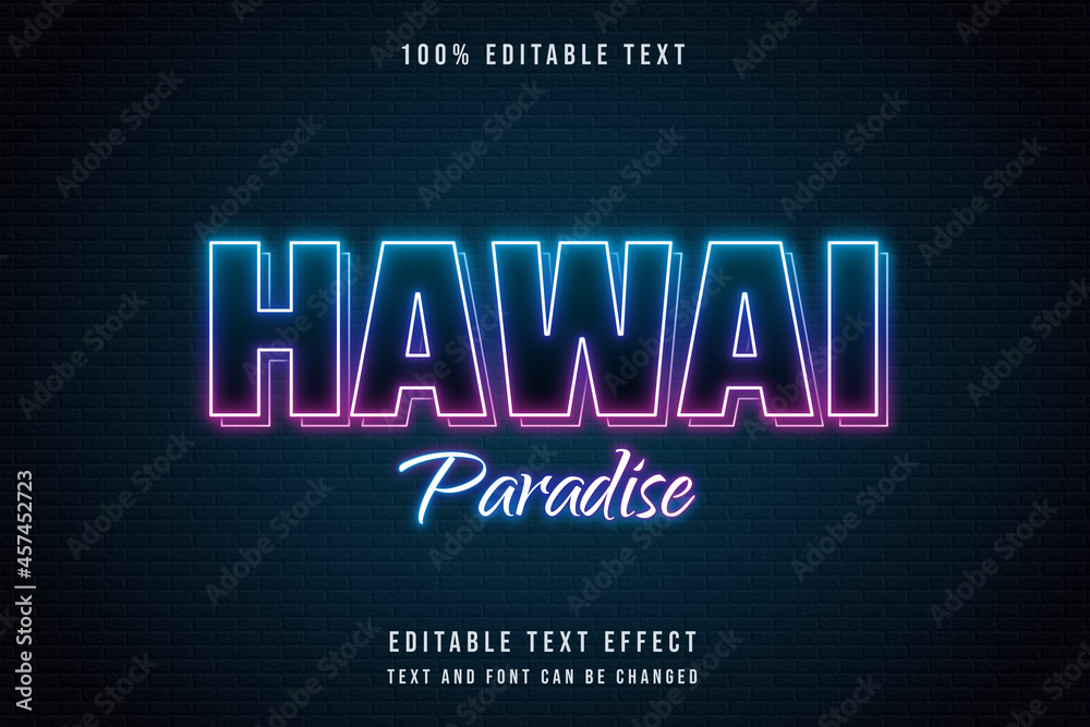 Hawaii paradise,3 dimensions editable text effect blue gradation purple pink neon text style