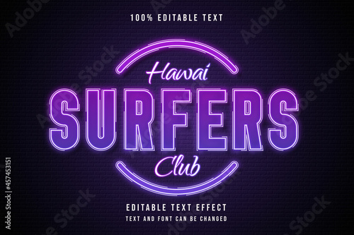 Hawaii surfers club,3 dimensions editable text effect pink gradation purple neon text style