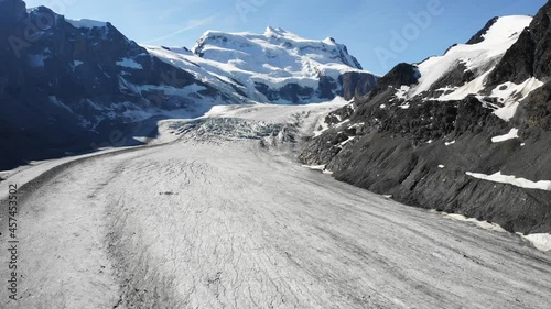 Morning aerial flyover over Corbassiere glacier in Valais, Switzerland photo