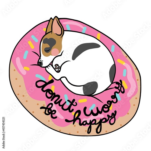 Donut worry be happy, Cute Jack Russell Terrier dog sleeping on donut cartoon vector illustration