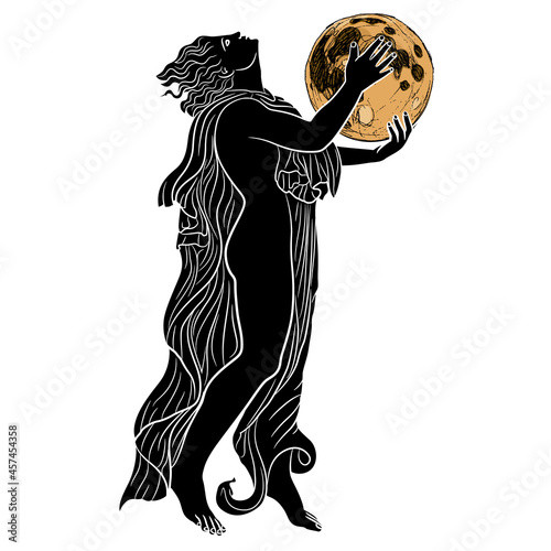 Ancient Greek dancer holding full moon. Creative concept.