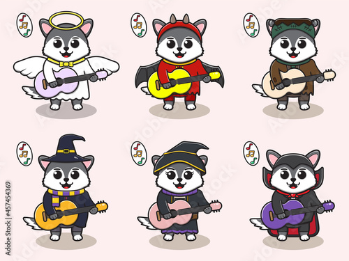 Vector illustration of cute Wolf play Guitar. Wolf character vector design. Good for label  sticker  clipart.