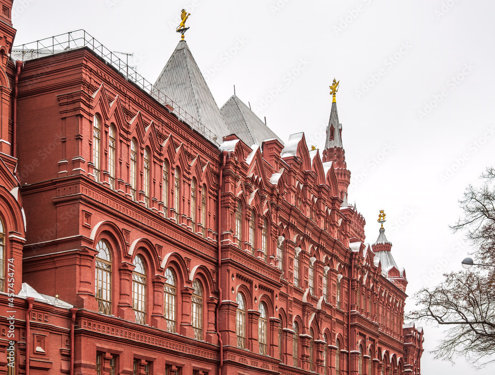 Fragment of the facade of an old building of the 19th century. State historical museum on the Red Square in Moscow, Russia