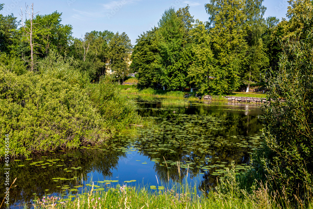Landscape with the Vuoksa river in the city of Priozersk in the Leningrad region in Russia Landscape with the Vuoksa river in the city of Priozersk in the Leningrad region in Russia