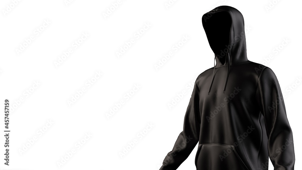 Anonymous hacker with black toon color hoodie in shadow under white lighting background. Dangerous criminal concept image. 3D CG. 3D illustration. 3D high quality rendering.