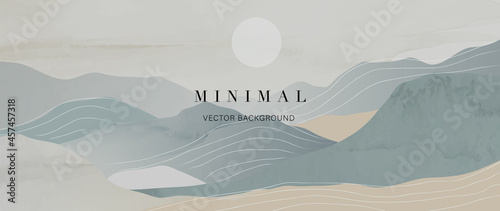Mountain and sun Abstract art background vector. Luxury oriental style watercolor background with line art and brush texture. Wallpaper design for prints, cover, banner, wall art and home decoration.