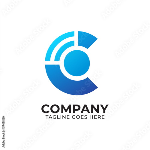 Letter C alphabet with wifi signal icon. Wireless technology logo design template for internet service provider company, apps, website, network installation services etc. Blue as color identity.