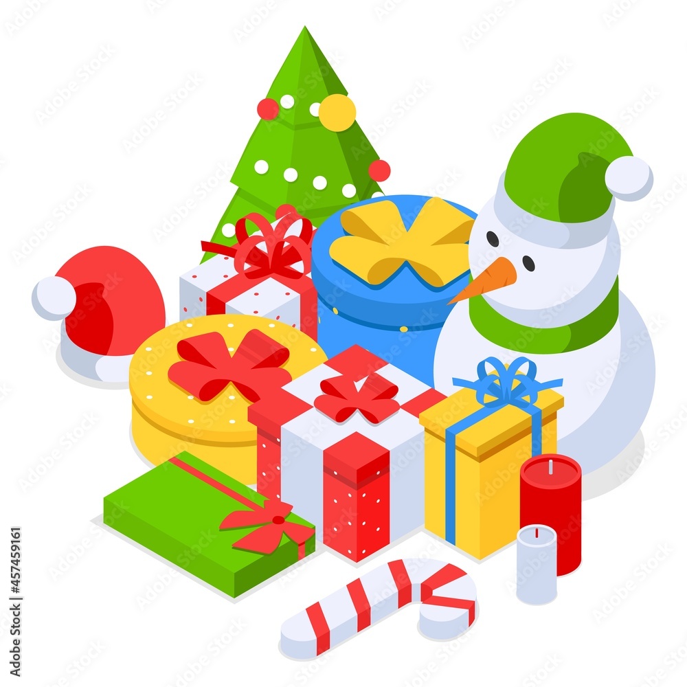 Christmas holiday decoration set. Gift boxes, candy cane, snowman, candles, etc. Isometric illustration on white background