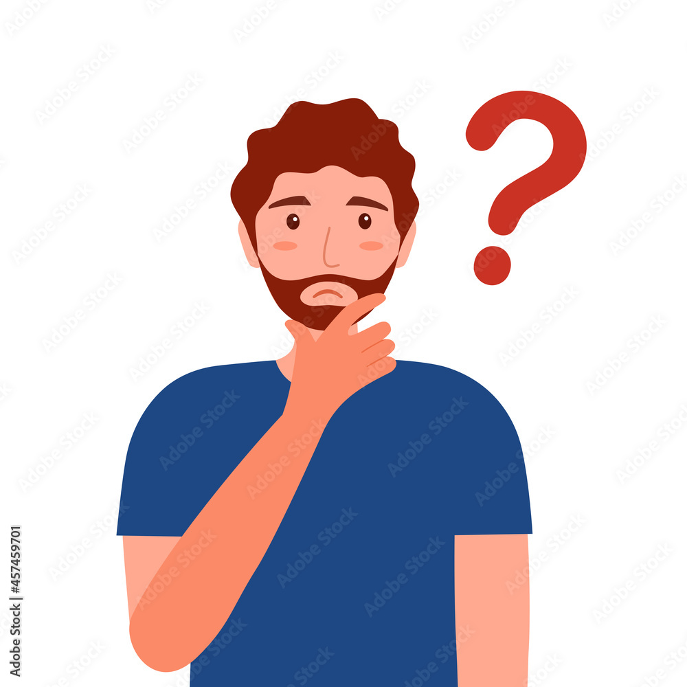 Forgetful man holding hand to his chin and thinking. Forgetfulness. Guy has memories problem. Young male with question mask. Forgetful man holding hand to his chin and thinking. Forgetfulness. Guy has memories problem. Young male with question mask.