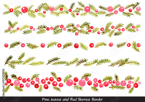 Pine leaves and red berries border watercolor for decoration on Chirstmas holiday festival. photo