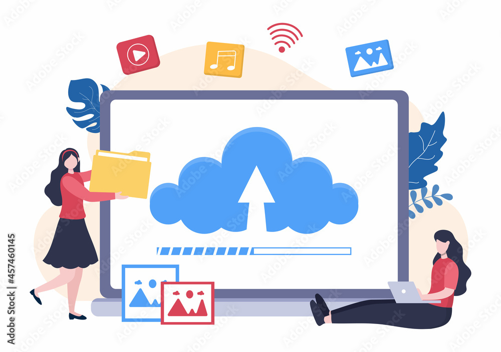 Upload Image Background of Online Devices Information and Data to Social Networks with Cloud Service or Loading Concept Vector Illustration Upload Image Background of Online Devices Information and Data to Social Networks with Cloud Service or Loading Concept Vector Illustration