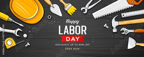 Happy labor day sale, construction tools, design on black wood background, Eps 10 vector illustration