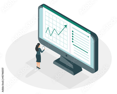 businesswoman and computer with increase arrow