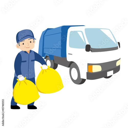 ごみ収集車と笑顔の清掃員のシニア男性（カラー）