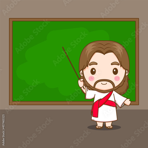 Cute Jesus teaching in front of chalkboard chibi cartoon character