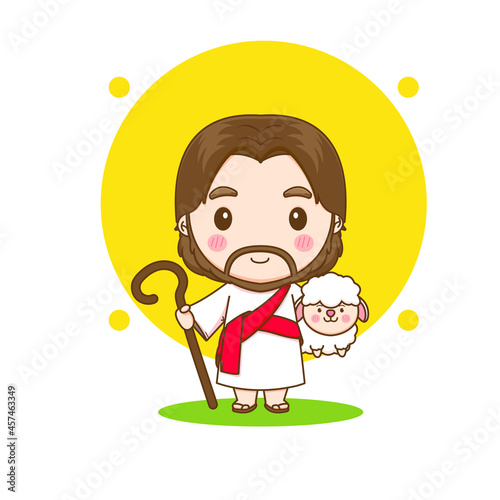 Cute Jesus and the sheep chibi cartoon character